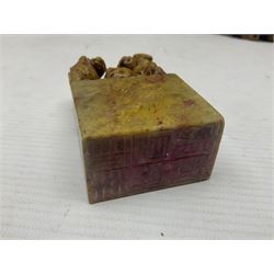Collection of hardstone and soapstone, including hardstone seal carved temple dogs finial, inscription on base, together with inkwells, vases etc  
