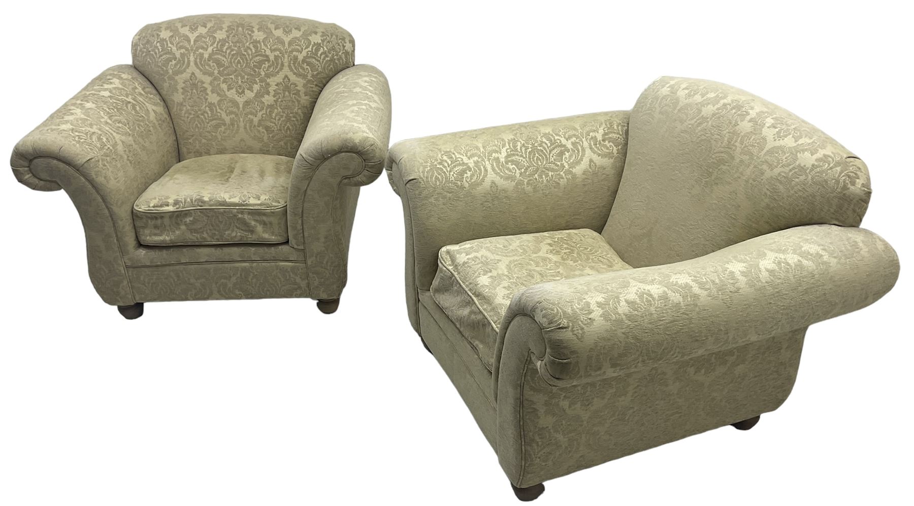 Traditional design three-piece lounge suite - three-seat sofa (W220cm, H90cm, D90cm); two armchairs (W115cm); and two footstools (77cm x 43cm, H31cm); upholstered in cream damask fabric