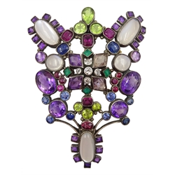 Early 20th century Arts & Crafts silver brooch, milgrain set with gemstones including diamonds, sapphires, amethysts, cabochon moonstones, emeralds and peridots, in the manner of Sibyl Dunlop