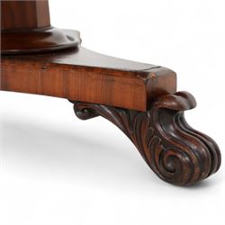 Early Victorian figured mahogany centre or breakfast table, circular moulded tilt-top, tapered octagonal column on triangular platform, acanthus leaf and scroll carved feet 