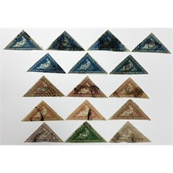 Cape of Good Hope triangle stamps, comprising six one penny, seven four pence, two six pence and a one shilling , all used, all previously mounted