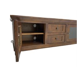 Antix French oak console unit, fitted with two drawers and two glazed cupboards