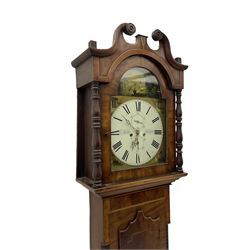 A mid-19th century c1840 mahogany longcase clock with a swan's neck pediment and turned wooden paterae, with ring turned columns flanking a break arch hood door with satinwood stringing, conforming trunk with inset turned quarter pillars and a short wavy topped door, rectangular plinth with satinwood stringing, fully painted break arch dial inscribed  J. Issott, Beverley, with spandrels depicting Roman temples and a similar depiction of ancient Rome to the break arch, with Roman numerals, minute track, subsidiary seconds dial and calendar dial, stamped brass hands and second/calendar hand, with an eight day rack striking movement, striking the hours on a cast bell. With weights and pendulum.
John Clough Issot is recorded as working in Butchers Row Beverley, 1834-51  

