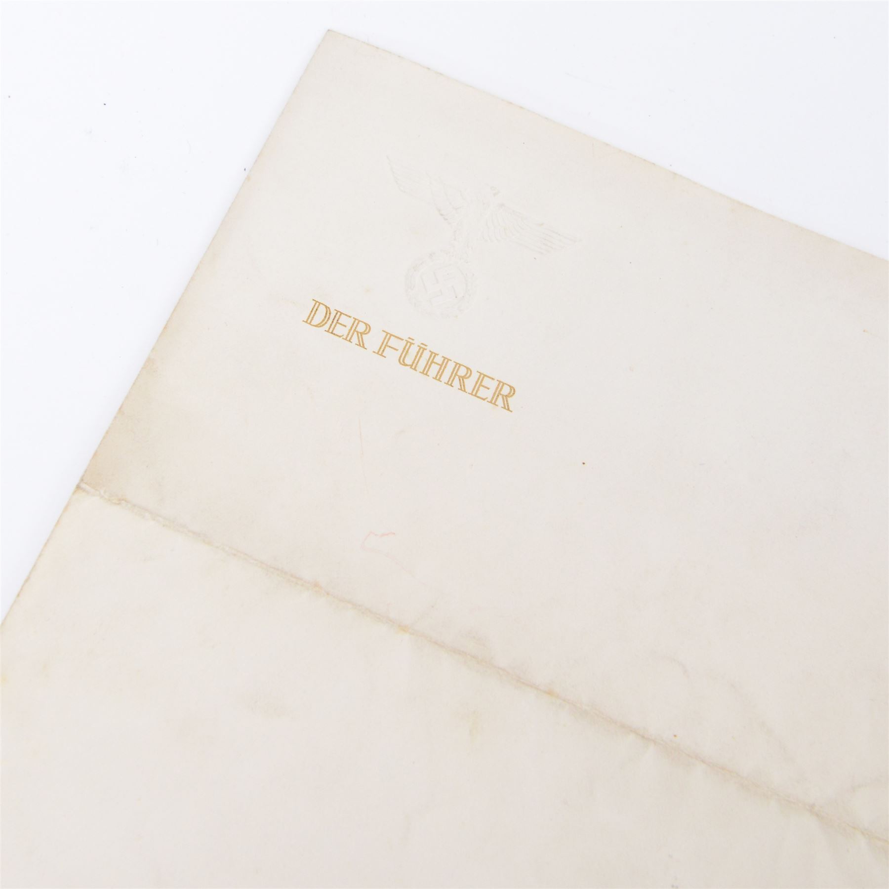 Adolf Hitler personal stationary, comprising three blank pieces of paper of varying sizes, one embossed to the top left Der Fuhrer, another Adolf Hitler, with his address Berlin W8 Kanzlei Des Fuhrers, Der NSDAP AMT 1, the third Kanzlei Des Fuhrers, Der NSDAP.
By vendor repute taken from Hitler’s desk in Berlin at the end of the war, by Harold Webster, one of the first soldiers who got into the war rooms 