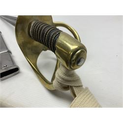 Early 19c French 1st Empire Heavy Cavalry trooper's sword, the 95.5cm double fullered blade with various stamped marks and inscribed Klingenthal 1814 to the back edge, four-bar brass hilt with wire-bound leather grip, knucklebow numbered 139; in polished steel scabbard with two suspension rings L117cm overall