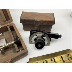 WW2 WRP Mk.5 pocket artillery clinometer No.7006, in original calf leather pouch L12cm; The McCarthy Fabrolique Pan Endoscope by American Cystoscope Makers Inc, boxed; part set of undertaker's brass stencils; Victorian brass whist marker with registration kite mark etc