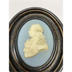 19th century Wedgwood blue Jasperware oval portrait medallion depicting Admiral Adam Duncan, first Viscount Duncan (1731-1804), Victor at the Battle of Camperdown, in oval ebonised frame, impressed Wedgwood and inscribed Duncan verso, plaque H10cm, including frame H15cm