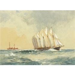  Frank Henry Mason (Staithes Group 1875-1965): 'American 7 Masted Schooner', watercolour heightened in white signed and titled 20cm x 27.5cm  DDS - Artist's resale rights may apply to this lot    