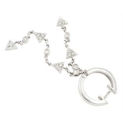 Pair of 18ct white gold diamond hoop earrings, diamond set hoops, suspending two strands of triangle and round tassel pendants, London 2007