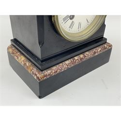 Small Victorian black slate and variegated marble mantel clock, the case with engraved decoration, circular enamel Roman dial, eight day movement by 'Japy Freres' striking the hours and half on bell