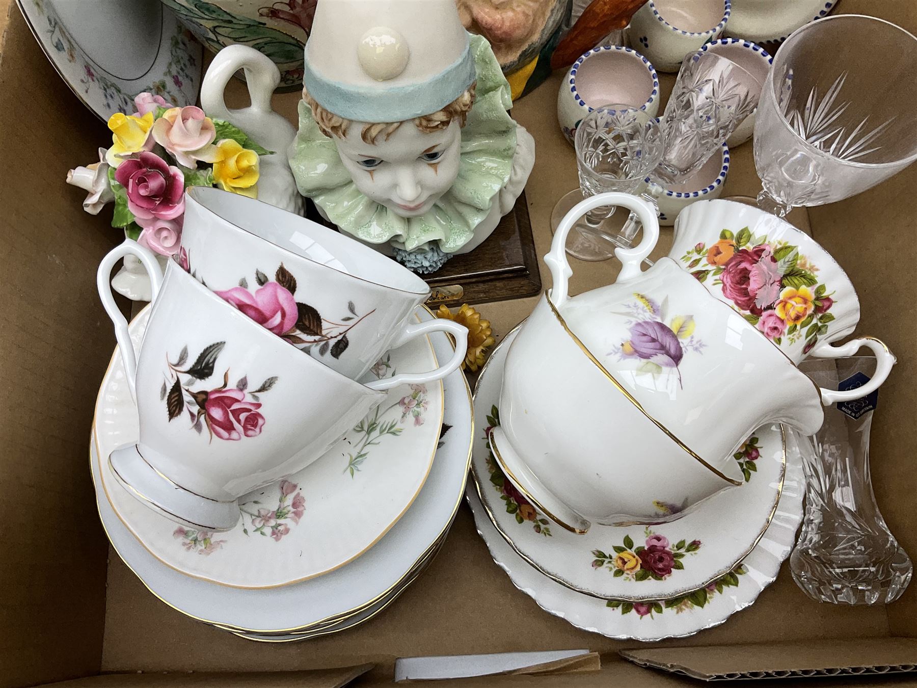 Large Swan pottery vase with a bouquet of dry flowers together with  oblong crystal bowl, Stuart crystal vase, Poole pottery cups and plate etc