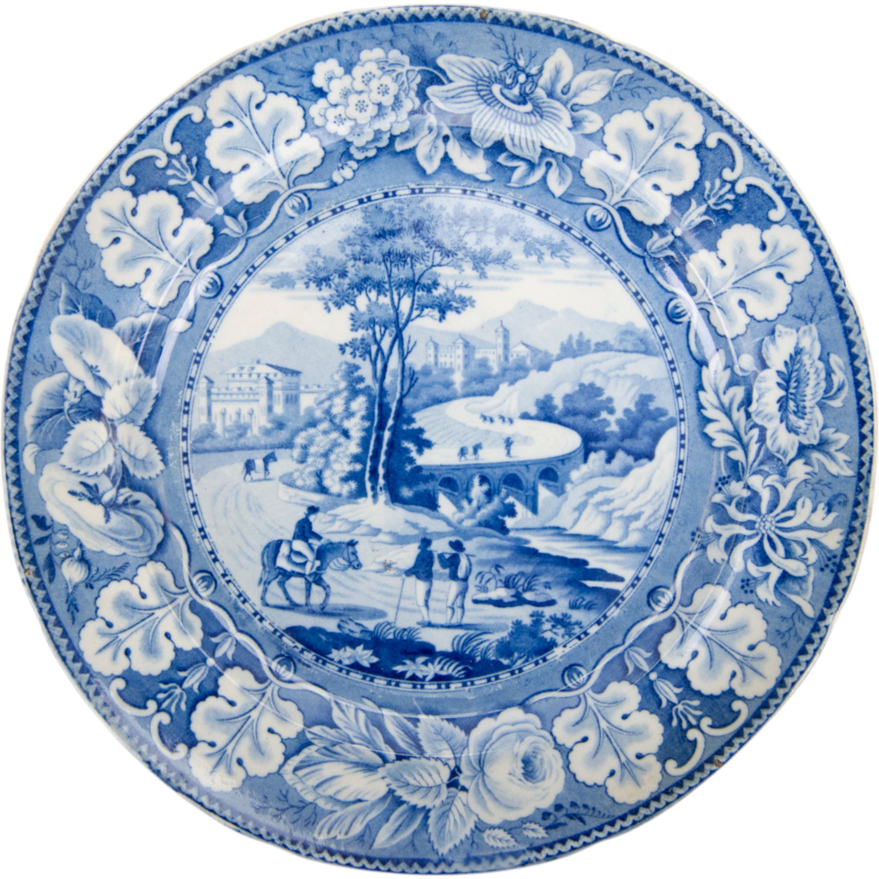 Eight 19th century transfer printed Italian Scenery pattern dinner plates, attributed to Leeds Pottery, with printed Italian Scenery mark beneath, D26cm