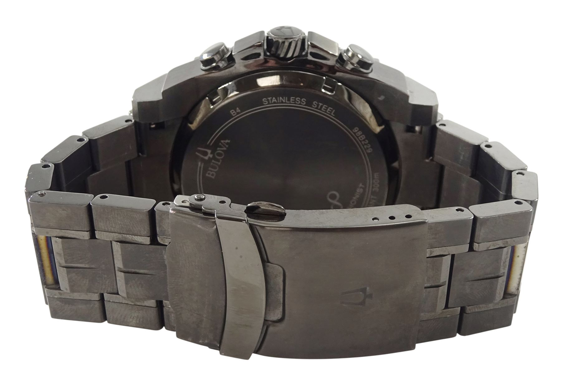 Bulova Precisionist 300 meters gentleman's stainless steel chronograph quartz wristwatch, Ref. 98B229, on original stainless steel strap with fold-over clasp