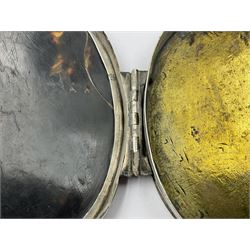 18th century silver plated oval snuff box with tortoiseshell lid inlaid with silver and mother of pearl 
