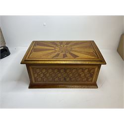 19th Century mahogany and parquetry box of rectangular form, geometric cube design, with a stylised sun detail to the hinged cover, opening to reveal three compartments, L33cm D21cm H16cm
