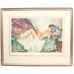 After Sir William Russell Flint (Scottish 1880-1969): Reclining Nude III, limited edition coloured lithograph with blind stamp numbered in pencil 318/850, 42cm x 59cm 