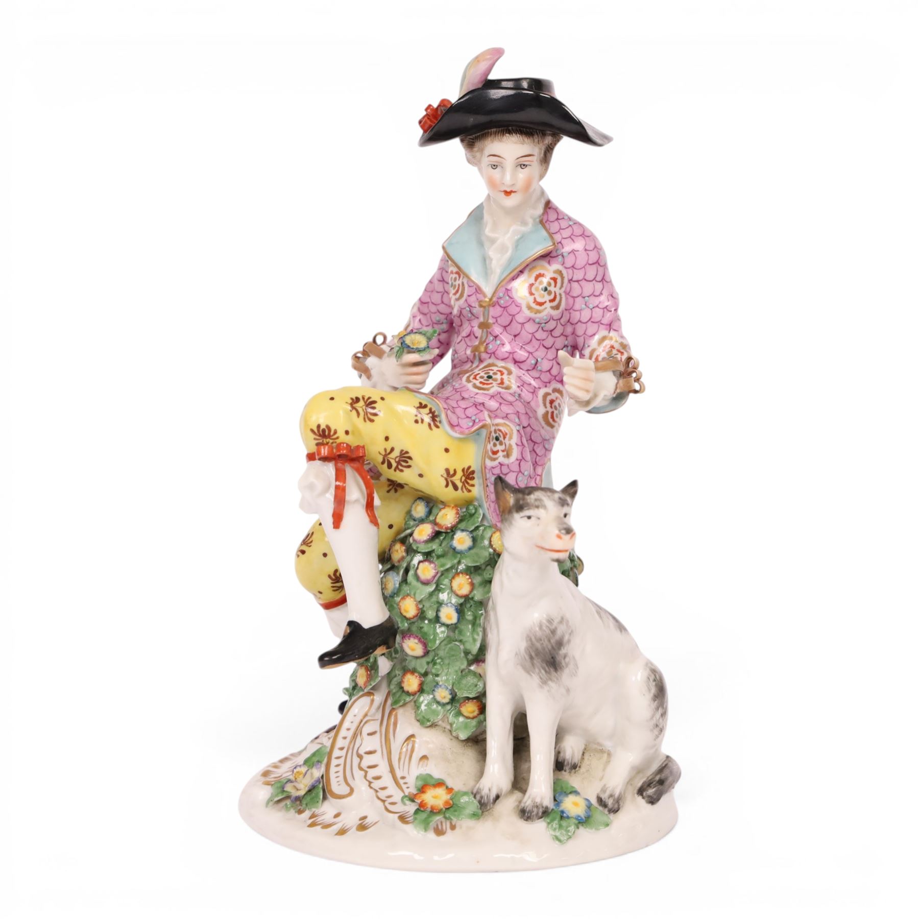 Pair of 19th century Samson figures, the gentleman wearing a wide brimmed hat with a dog, the lady with a sheep by her side, both figures seated upon a floral encrusted pillars with gilt scrolling base, H22cm