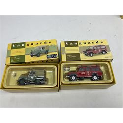 Eight Vanguards die-cast models by Corgi, Hornby and Lledo including Land Rovers, Ford Anglia and Triumph; together with thirteen other modern die-cast models by Bburago, Oxford, Atlas, EFE, Solido etc; all boxed; and small quantity of unboxed and playworn models
