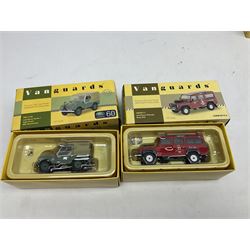Eight Vanguards die-cast models by Corgi, Hornby and Lledo including Land Rovers, Ford Anglia and Triumph; together with thirteen other modern die-cast models by Bburago, Oxford, Atlas, EFE, Solido etc; all boxed; and small quantity of unboxed and playworn models

