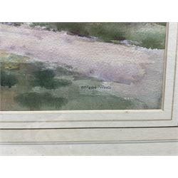 Frank Watson Wood Jnr. (Scottish 1900-1985): The Causeway Lindisfarne, watercolour signed, Aitken Dott & Son Edinburgh label verso 17cm x 47cm 
Provenance: private collection, purchased Tennants 20th September 2014 Lot 1045