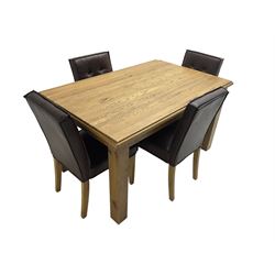 Light oak rectangular dining table, together with four dining chairs upholstered in brown 