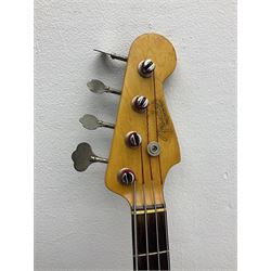 1962 Fender Precision bass guitar; re-finished in natural alder in the 1970s; impressed date code 5NOV62C to end of neck and serial no.90537 to back plate; L115.5cm; in replacement hard carrying case