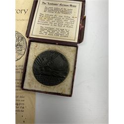 Lusitania replica medal, boxed and various coins including King George VI 1951 Festival of Britain crown, United States of America 1844 one cent and 1850 half dime, Queen Victoria States of Jersey 1844 one thirteenth of a shilling, etc