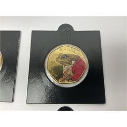 Four gold plated and coloured commemorative fifty pence coins, comprising 2017 Benjamin Bunny, Mr Jeremy Fisher, Tom Kitten and The Tale of Peter Rabbit, with Gold Strike certificate of authenticity