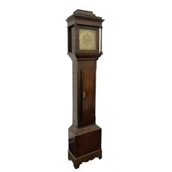 Benjamin Rodgers of Chesterfield- Fine provincial early18th-century 30-hour oak longcase clock       
 c1720, with a stepped caddy top and square hood door beneath, with detached pilasters with wooden capitals, case with reeded corners and a ogee toped long trunk door, with a square pediment and decorative applied skirting, brass dial with restoration spandrels, matted centre, original steel hands and chapter with Roman numerals, quarter hour and minute tracks, dial pinned to a countwheel striking movement, striking the hours on a bell.
 With weight and pendulum.  