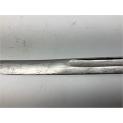 Turkish Model 1874 sword bayonet with 57.5cm curving steel fullered blade and chequered black grip, in steel mounted leather scabbard L75.5cm overall