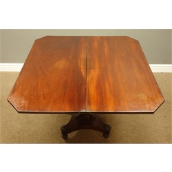  Late Regency period mahogany tea table, fold-over swivel top, pedestal base, W91cm, H74cm  