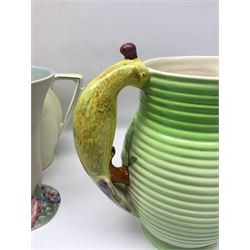 Collection of 1930s ceramics, comprising Shorter & Son jug with bird handle, set of three J.H.W & Sons graduating jugs, Clarice Cliff My Garden pattern vase and Celtic Harvest pattern cake plate and a Burleigh Ware sandwich plate set, bird jug H21cm