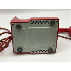 1950s Siemens Brothers red telephone with chrome rotary dial with enamel number plate and Siemens dial label, model 356, the body with base drawer below gilt logo, the handset with impressed mark PAT. 328926 PAT. SA 9/30, with red braided cord and red junction box (detatched), W15cm D18.5cm H14cm