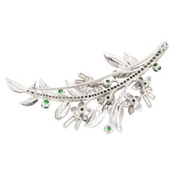 White gold old cut and single cut diamond, ruby and emerald flower spray brooch