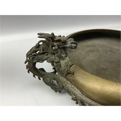 19th century Japanese bronze censer, the compressed body with inverted rim flanked by twin dragon handles, upon a openwork foot modelled as a waves, L29cm
