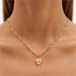 Victorian 18ct gold trombone link necklace, suspending a 15ct rose gold heart locket, set with a single old cut diamond