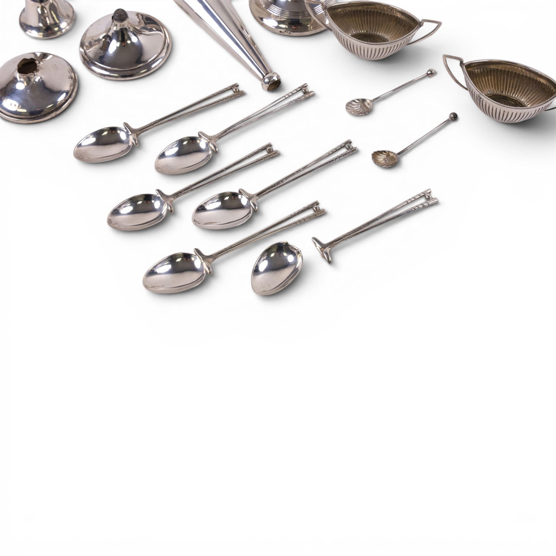 Group of silver, including salts, spoons, candlestick and oddments, all hallmarked