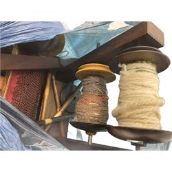 Early 20th century walnut spinning wheel, with accessories 
