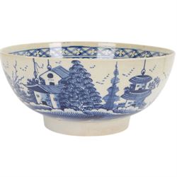 18th century and later English blue and white ceramics, including late 18th century Liverpool bowl with chinoiserie decoration, Worcester teapot decorated with flowering branches, and four leaf bowls, Liverpool bowl D21cm 