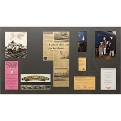 Terence Cuneo (British 1907-1996): Mouse, ink and wash on paper inscribed and signed, on backing 48cm x 30cm; together with a framed collection of associated ephemera, including photographs, press cuttings, competition flyer, Pullman luncheon tickets and menu, documenting the event and prizewinner’s excursion
Notes: the mouse is the original artwork affixed to the locomotive for the 1985 British Rail Marylebone Mouse Hunt, as pictured in the photograph