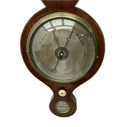19th century  - mahogany five glass wheel barometer, with an 8” silvered dial and cast brass bezel, flat topped pediment and round base, with hydrometer, spirit thermometer, butlers mirror and level bubble, syphon tube and counterweights intact, mercury present.