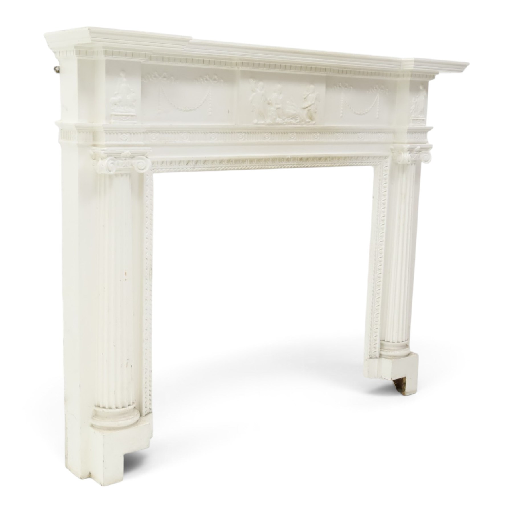 Large Adam's design white painted Neoclassical fire surround, the frieze moulded with goddess and cherubic motifs with bellflower festoons, egg-and-dart moulded inner slip flanked by Ionic capitals on classical columns