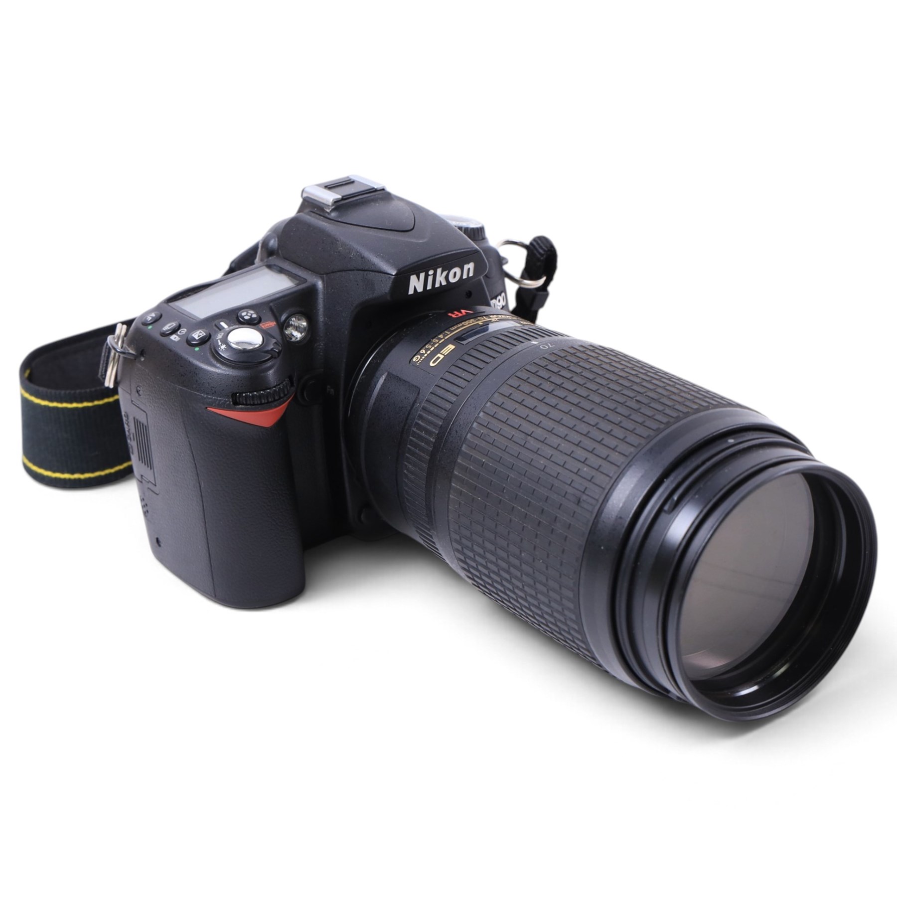 Nikon D90 DSLR camera body, serial no. 8230680, with a Nikon ED AF-S Nikkor 70-300mm 1:4.5-5.6 G lens, serial no. 3102829, with battery and Nikon Quick Charger, in carry case with other accessories including hoods, caps and filters