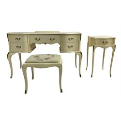French style cream finish serpentine dressing table, with stool; and a matching bedside table (2)