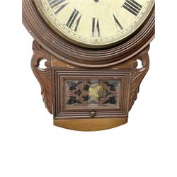Richard Smith & Son, Scarborough - drop dial 8-day mahogany wall clock, with a turned wooden bezel, carved ear pieces and pendulum box with a glazed door and open carved fretwork,12