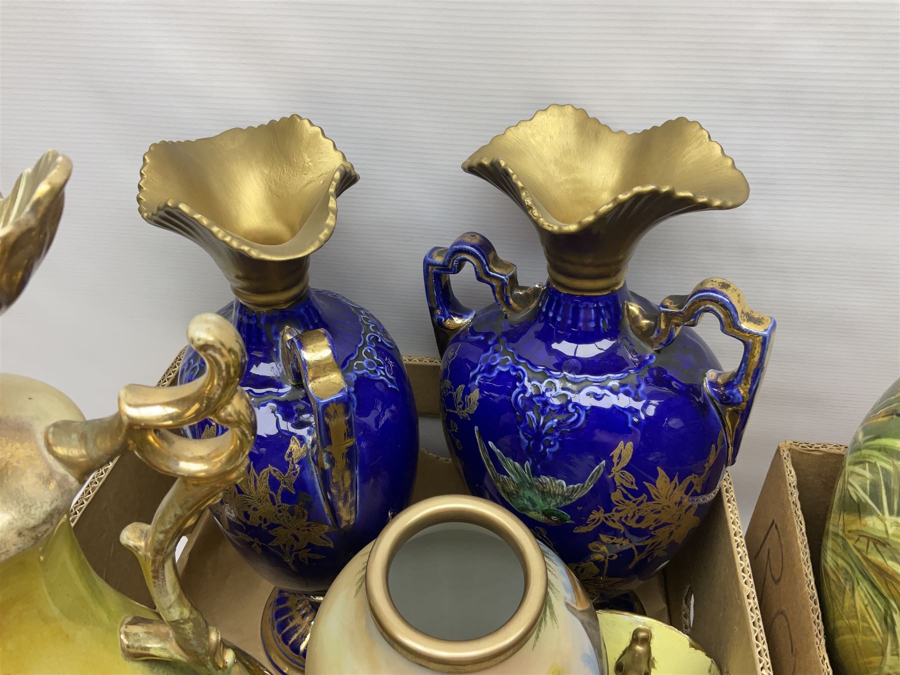 Continental hand painted vase, together with eight large Victorian vases, including some St Louis Artware examples and a pair painted with swans, tallest H50cm