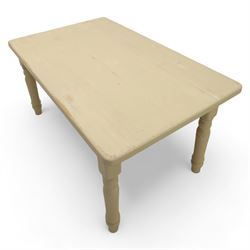 Late 20th century painted pine kitchen table, rectangular top with lightly worn painted surface, raised on four turned legs