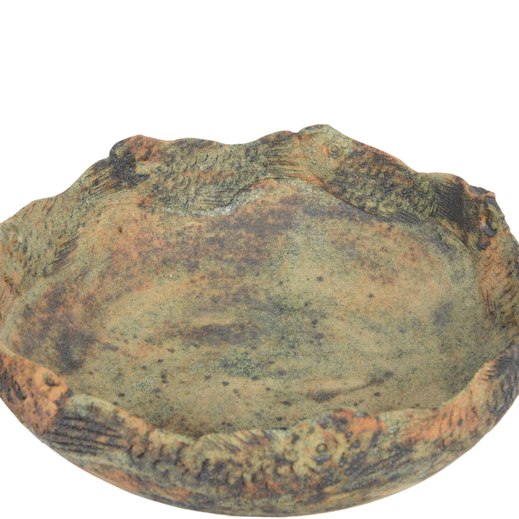 Studio pottery bowl, textured bowl with fish to the rim, with indistinct potters mark to base, H14cm, 38cm