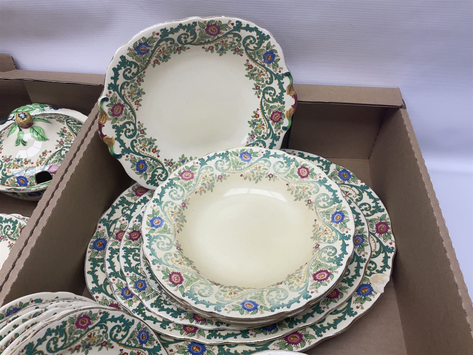 Royal Cauldon Evesham pattern dinner wares, including dinner plates, tureens, egg cups, bowls, sides plates and saucers