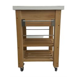 Contemporary butchers block kitchen trolley, white square top over beech frame, single pull-out drawer, dual slatted shelves, chrome towel rails, raised on square supports with castors